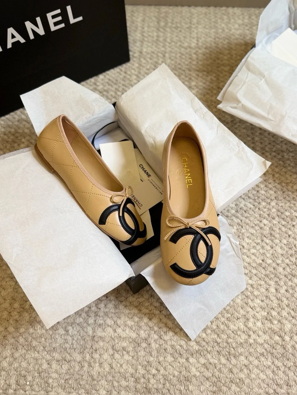 Chanel Beige Black CC Bow Ballet Flats